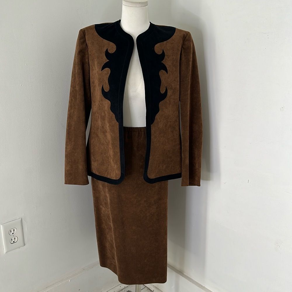 Vintage Ultrasuede Brown And Black Skirt Suit With Western Detailing